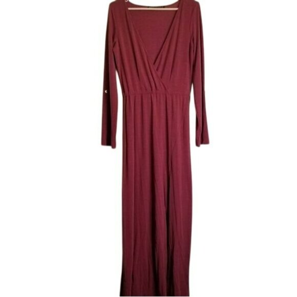 Long Sleeve‎ Burgundy Maxi Dress By Ambernoon L Thumb Holes Beachy UPF Coastal - Picture 1 of 10